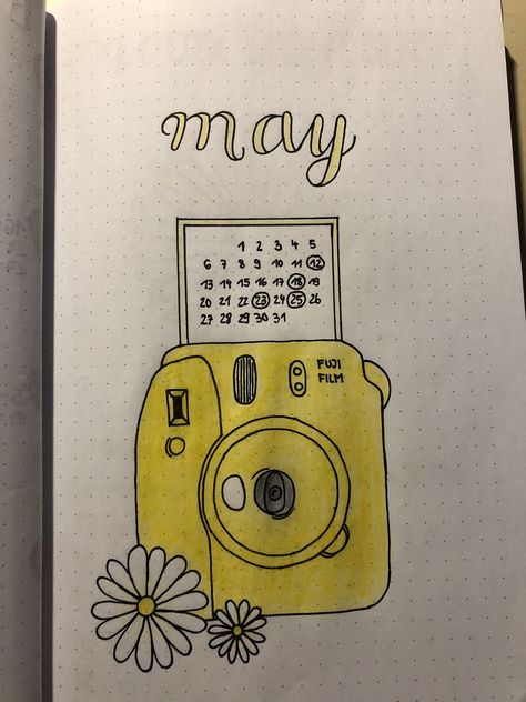 Polaroid Camera Aesthetic Drawing, How To Draw A Polaroid Camera, Aesthetic Camera Drawing, Yellow Theme Journal Ideas, Camera Bullet Journal, Yellow Journal Ideas, Polaroid Camera Drawing, Polaroid Journal, Bullet Journal Mai