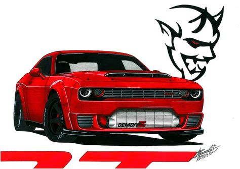 Doge Challenger, Demon Drawing, Dodge Mega Cab, Srt Dodge, Challenger Demon, Dodge Challenger Srt Demon, Auto Cartoon, Cars Illustration, Srt Demon