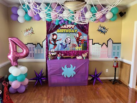 Ghost Spider 3rd Birthday, Ghost Spider Gwen Birthday Party, Ghost Spider Decorations, Gwen Stacy Birthday Party Ideas, Pink Spiderman Birthday Party, Spider Gwen Birthday Party Ideas, Girl Spider Man Birthday Party, Spidey Girls Party, Gwen Stacy Birthday Party