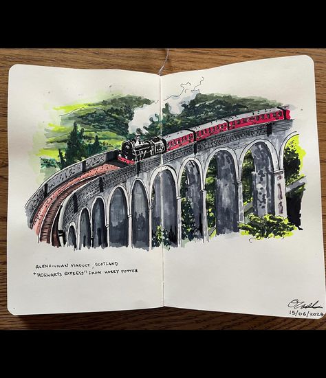 GlennFinnan Viaduct, Scotland - (‘Hogwarts Express’ from Harry Potter) Ink pen and coloured marker drawing 🚂 #inkpen #inkdrawing #inkart #sketch #sletchbook #train #harrypotter #drawing #fy #landscape #archi #architecture #perspective #traintracks #hogwarts #hogwartsexpress #fyp #art #artist Train Sketch, Architecture Perspective, Harry Potter Colors, Train Drawing, Science And Nature Books, Architectural Sketch, Hogwarts Express, Harry Potter Wallpaper, Marker Drawing