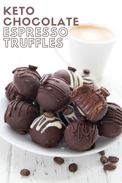 Titled image of keto chocolate espresso truffles on a white plate, with a cup of espresso in the background. Espresso Truffles, Keto Coffee Recipe, Low Carb Candy, Postre Keto, Keto Christmas, Keto Candy, Thm Desserts, Candy Recipe, Keto Brownies