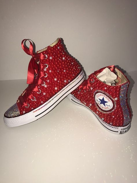 WOMEN's Red Bling Converse All Star Chuck Taylor Sneakers | Etsy Bedazzle Ideas, Prom Shoes Pumps, Bedazzled Converse, Sparkly Converse, Rhinestone Converse, Red High Top Converse, Reception Shoes, Tenis Converse, Homecoming Shoes