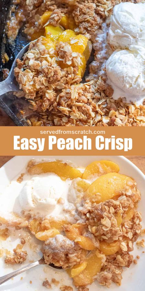 One of the simplest sweet treats you can make with either fresh or frozen peaches is our Easy Peach Crisp! This easier-than-pie dessert highlights that beautiful peach flavor and is topped with a buttery oat crumb topping that just begs for a spoonful of vanilla ice cream. Easy Peach Crisp, Frozen Peaches, Apple Crisp Easy, Peach Syrup, Peach Crisp, Oat Crumble, Grilled Fruit, Sweet Dips, Canned Peaches