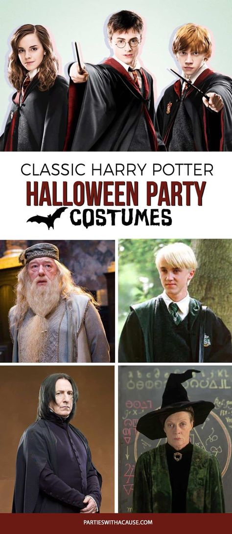 Make Halloween a breeze with these classic characters from the beloved books. Check out how easy it is to create a costume for Harry, Ron, Hermione, and Draco with links and suggestions for everything you'll need at PartiesWithACause.com #harrypotterhalloween #harrypottercostume #halloweencostume Womens Harry Potter Costume Diy, Group Harry Potter Costume Ideas, Harry Potter Female Costumes, Harry Potter Halloween Costume Ideas, Harry Potter Character Costumes Diy, Easy Harry Potter Costume Last Minute, Harry Potter Student Costume, Harry Potter Halloween Costumes Women, Harry Potter Characters Costumes