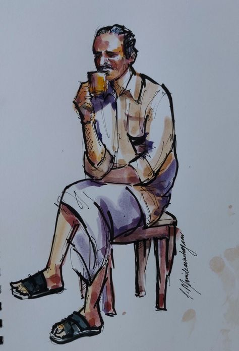 Human Figures Watercolor, Indian Figure Drawing, Indian Figure Reference, Live Sketching Human Figures, Indian Human Figure Sketches, Human Figure Watercolor, Tea Stall Drawing, Tea Stall, Memory Drawing