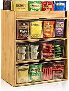 TIMIEEYA Tea Bag Organizer - Bamboo Tea Storage Organizer With Drawer 3 Layer, Tea Organizer for Tea Bags Natural Wood & Acrylic for Countertop Office Kitchen Cabinet Pantry Acrylic Partition, Maximalist Bohemian, Kitchen Cabinet Pantry, Tea Organizer, Green Tea Lemon, Storage Chests, Tea Cabinet, Tea Organization, Bamboo Storage