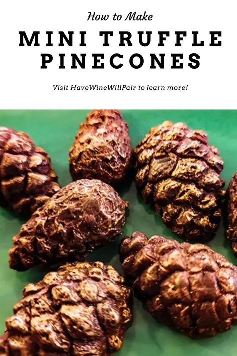 These mini chocolate truffle pinecones are a decadent small bite. A dark chocolate shell with a rich, fudgy center. Make them for your next forest-themed dessert. #edibleforest #truffle #dessertgarnish Pinecone Truffles, Making Chocolate, Oreo Truffles, Themed Desserts, Chocolate Shells, Chocolate Truffle, Treat Recipes, Forest Floor, Small Bites