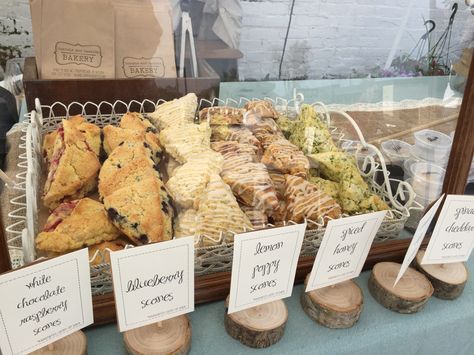 Farmers Market Scone Display -  Bushels and Baskets Bakery  www.bushelsandbaskets.com Scones Display Ideas, Artisan Bread Display Farmers' Market, Sourdough Bread Farmers Market, Farmer's Market Bakery Display, Bread Vendor Display, Bread Display Ideas Farmers' Market, Baking For Farmers Market, Farmers Market Baked Goods Packaging, Farmers Market Vendor Ideas