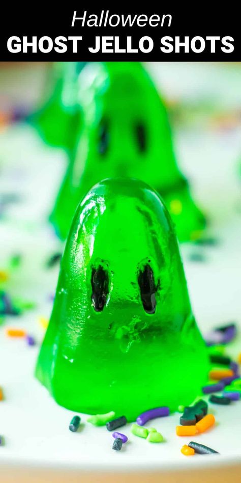 green ghost-shaped jello shots with black eyes Ghost Jello Shots, Halloween Jello For Kids, Halloween Jell-o Shots, Spooky Jello Shots, Halloween Jello Shots Alcohol, Jello Shots Halloween, Ghost Shots, Texture Studies, How To Make Ghosts