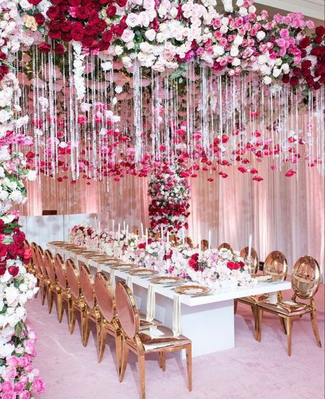 It's raining #pink and #redroses 🌹❣️ For anyone who needs some major #weddinginspo this head table by @thefloralguru is the perfect solution. Double-tap if you're also getting major intimate and romantic vibes #wedding #weddinginspiration #receptiondecor Dance Floor Design, Preston Bailey Wedding, Hanging Flowers Wedding, Wedding Ceiling, Pink Wedding Decorations, Romantic Vibes, Luxury Wedding Decor, Special Events Decor, Bridal Bachelorette Party