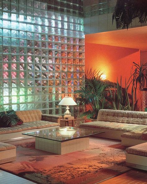 1980s glass brick rooms 🧊 [AI] Get your wall posters on liminaldestinations.com and AI prompts on Ko-fi (links in bio!) • • • • #80sinterior #1980sinterior #80saesthetic #1980s #80svibes #80snostalgia #80sdecor #80s #80spenthouse #vintage #interiordesign #homedecor #luxuryhomes #midcentury #midcenturymodern #postmodern #luxury Retro Brick Wall, 90s Architecture Interiors, Glass Brick Interior Design, 90’s Interior Design, 80’s Interior Design, 80s Beach House, 80s Aesthetic Home, 80s Miami Aesthetic Home, 80s Post Modern Interior Design