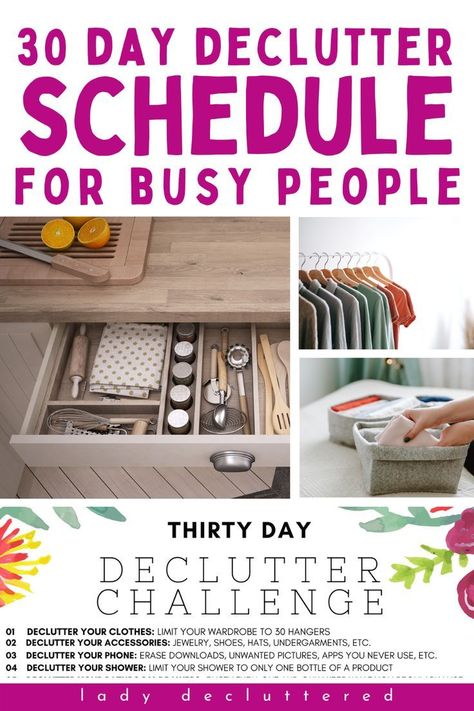 Declutter Schedule, 30 Day Declutter Challenge, Decluttering Ideas Minimalism, 30 Day Declutter, Diy Declutter, Declutter Organization, Lady Decluttered, Declutter Closet, Decluttering Inspiration