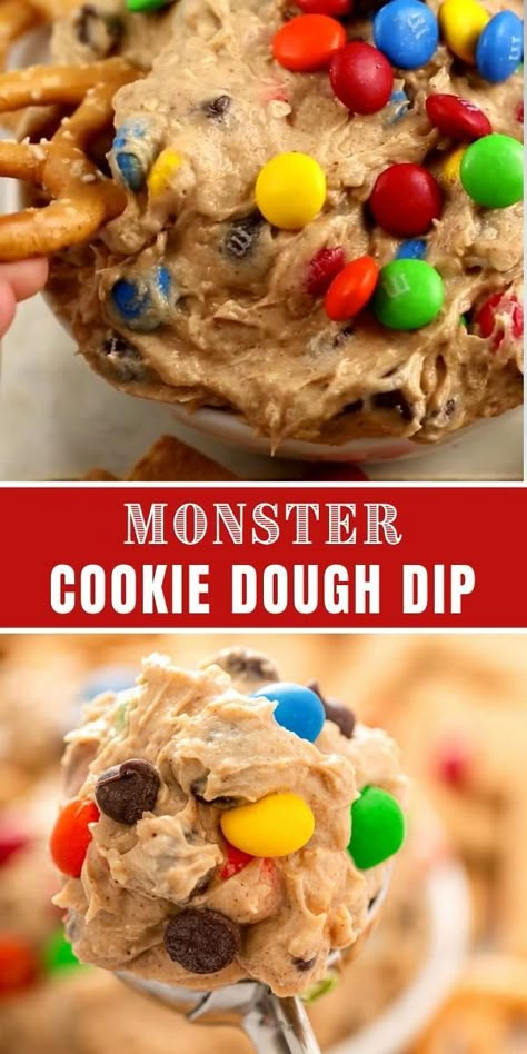 Monster Cookie Dip Recipe, Lunch Ideas For Big Family, Cookie Monster Dip, Halloween No Bake Desserts, Monster Cookie Dip, Sweet Dips For Parties, Dessert Dips For Parties, Halloween Dips, Monster Dip