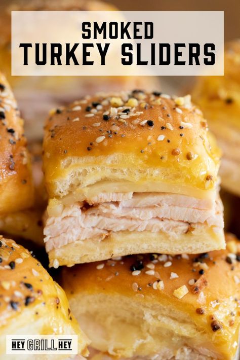 These smoked turkey and Havarti sliders are a dreamy combination of flavors and textures. Sweet Hawaiian rolls are topped with tender and smoky turkey breast, melty Havarti cheese, and a zippy buttery sauce. Every bite of these turkey sliders is better than the last. Smoker Cooking Recipes, Smoked Turkey Sandwich, Sliders Recipes Turkey, Sweet Hawaiian Rolls, Easy Smoker Recipes, Turkey Appetizers, Turkey Sandwiches Recipes, Hey Grill Hey, Turkey Sliders