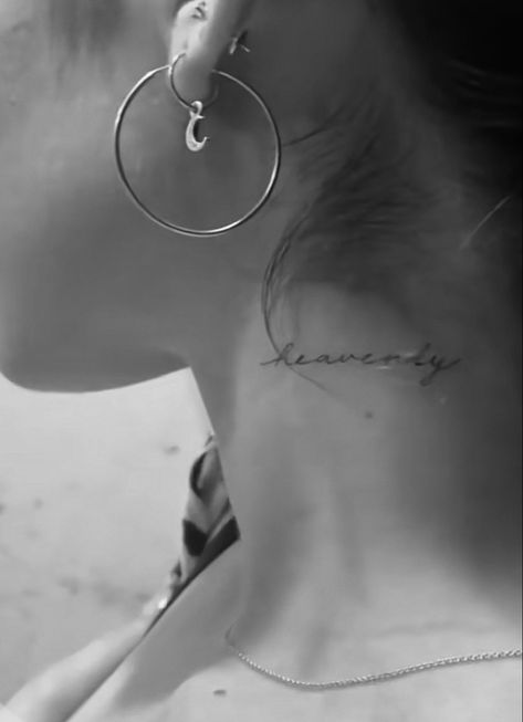 Heavenly Neck Tattoos, Side Of Neck Tattoos Women Words, Behind Ear Tats Words, Words Behind Ear Tattoo, Heavenly Tattoo For Women, Cursive Neck Tattoo, Word Neck Tattoos, Behind Ear Tats, Tats Ideas