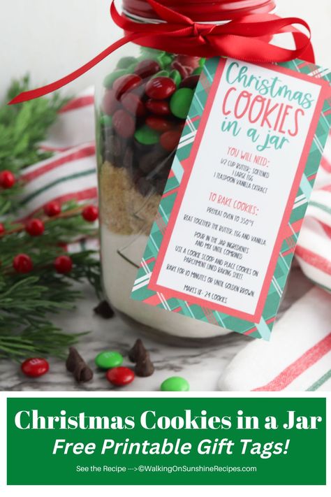 Everything you need for this Christmas Cookie Mix in a Jar is included below...even FREE printable gift tags! Easy, delicious and FUN! Cookies In A Jar Christmas Gift, M&m Cookie Mix In A Jar, Cookie Mix In A Bag Gift Ideas, Mason Jar Cookie Mix Recipe Christmas Printable Labels, Quart Jar Cookie Mixes, Christmas Cookie In A Jar Recipe Gift, Mason Jar Christmas Gifts Cookies, Food Mixes In A Jar, Sugar Cookie Jar Recipe Gift Ideas