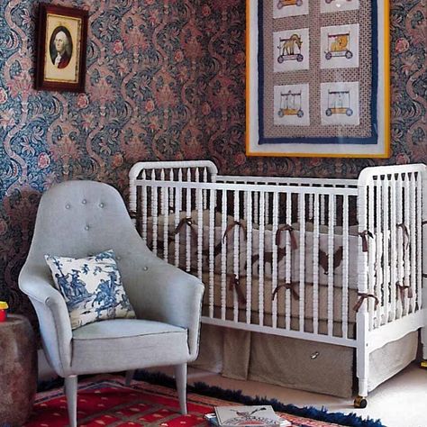 This fun nursery in a 1960’s house in historic Litchfield County mashes up #mod with #williammorris wallpaper and a #moroccanrug and is #georgewashington approved! Pic by @dunesandduchess @mpproductions for @nehomemagazine #williammorriswallpaper #toile #countrylife Wallpaper Rooms, Heather Wallpaper, Bright Nursery, Kids Rooms Inspo, New England Home, Fun Nursery, New England Homes, Nursery Inspo, Nursery Baby Room