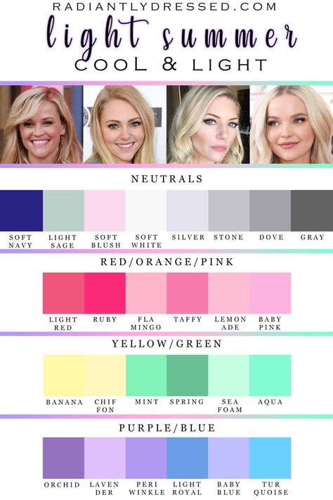 light summer Cool Muted Light Summer, Light Summer Seasonal Color Analysis, Summer Light Personal Color, Summer Cool Light Fashion, Color Palette Light Summer, Light Summer Color Analysis Outfits, Classic Summer Color Palette Outfits, Light Summer Color Palette Celebrities, Light Summer Pallette Outfits