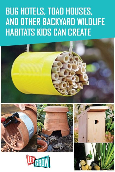 Attract and support birds, bees, reptiles, and other animals with these DIY projects. Kids can create these backyard wildlife habitats all on their own. Creating Animal Habitats, Wildlife Habitat Garden, Wildlife Crafts For Kids, Diy Projects Kids, Bug Hotels, Nature Club, Backyard Birds Sanctuary, Habitats Projects, Backyard Animals