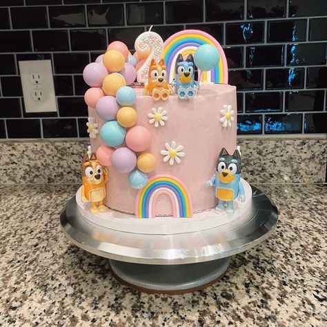 Birthday Cake Ideas 6 Year, 2 Year Birthday Cakes, Birthday Cake 4 Year Girl, Bluey Cake With Rainbow, Bingo From Bluey Cake Ideas, Bluey Cake 2nd Birthday, Bluey Cake Two Tier, Bluey Birthday Cake Buttercream, Bluey 3rd Birthday Party For Girls Ideas