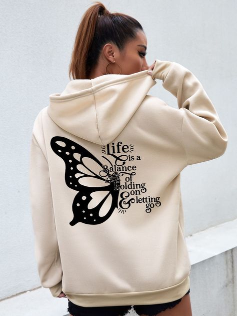 Khaki Casual  Long Sleeve Polyester Slogan Butterfly Pullovers  Slight Stretch Fall/Winter Women Sweatshirts Hoodies Design Ideas, Hoddies Outfits, Awesome Shirt Designs, Crop Hoodies, T Shirt Design Ideas, Thermal Hoodie, Stylish Hoodies, Shirt Print Design, Hoodie Girl