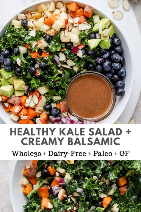 Best Whole 30 Salads, Kale Salad Balsamic Dressing, Balsamic Kale Salad, Whole 30 Salad Recipes, Whole 30 Salad, Aip Veggies, January Reset, Healthy Kale Salad, Whole 30 Vegetarian