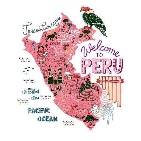 Peru Map, Peru Travel Guide, Peru Travel, Travel Illustration, South America Travel, Travel Info, Illustrated Map, Travel Maps, Map Design