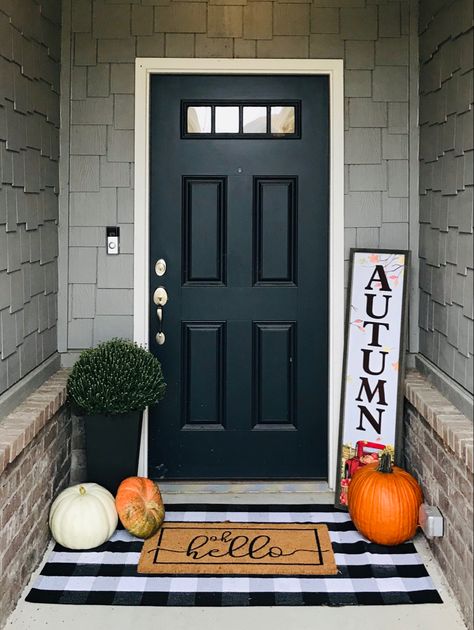 Front Door Small Window, Decor For Small Porch, Front Door Small House, Narrow Front Door Entry Exterior, Small Front Door Halloween Decor, Small Entry Double Door, Simple Fall Front Porch, Small Porch, Small Entry