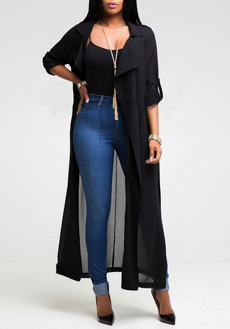 Black Plain Irregular Slits Tailored Collar Chiffon Casual Trench Coat Trenchcoat Style, Casual Trench Coat, Mode Mantel, Chiffon Cardigan, Women Chiffon Blouse, Trench Coat Style, Simple Summer, Maxi Cardigan, Maxi Robes