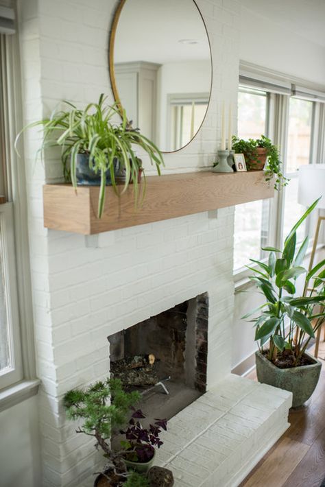 maplewood eclectic White Wash Brick Fireplace, Chimney Decor, White Brick Fireplace, Shelves Decor, Wood Mantle, Paint Fireplace, Brick Fireplace Makeover, White Fireplace, Eclectic Kitchen