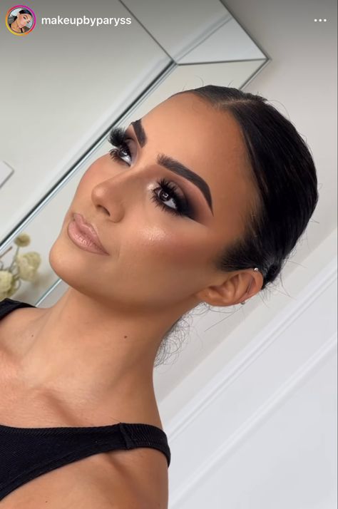 Makeup For Black Cocktail Dress, Smokey Eye For Black Dress, Kim K Smokey Eye Makeup, Makeup Ideas Wedding Guest Smokey Eye, Heavy Wedding Makeup, Makeup Ideas Color, Formal Event Makeup Brown Eyes, Cool Tone Smokey Eye, Heavy Makeup Look Wedding