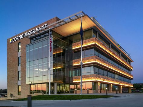 Cornhusker Bank Corporate Bank Center | Sinclair Hille Architects - Architectural Design, Master Planning, Lincoln NE Bank Facade Design, Bank Facade, Facade Design Architecture, Shopping Mall Architecture, School Building Design, Commercial Design Exterior, Master Planning, Facade Architecture Design, Bank Design