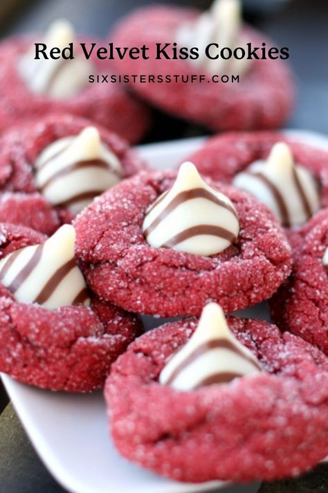 Our Red Velvet Kiss Cookies will be a family favorite for Valentine's Day! These cookies are so easy to make and delicious to eat! Kiss Cookies Recipe, Red Velvet Cookie Recipe, Kiss Cookie Recipe, Holiday Snack, Valentine Sugar Cookies, Red Velvet Cake Mix, Cookie Platter, Six Sisters Stuff, Kiss Cookies