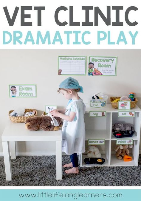 Vet clinic dramatic play area | Ideas for setting up a vet clinic imaginative play area at home or in the classroom | Prep and Foundation teaching ideas | Play ideas for toddlers and preschoolers | Totschool and homeschooling | Dramatic Play Area Ideas, Vet Clinic Dramatic Play, Clinic Dramatic Play, Play Area Ideas, Preschool Classroom Setup, Classroom Prep, Dramatic Play Themes, Role Play Areas, Dramatic Play Preschool