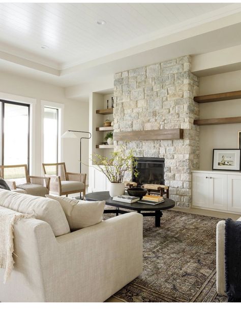 Living Room Neutral, Stone Fireplace Designs, Room Neutral, Built In Shelves Living Room, Living Room Built Ins, Fireplace Built Ins, Living Room Curtains, Living Room Partition, Room Curtains