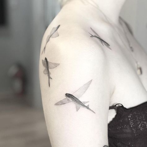 Cute Simple Tattoos, Nyc Tattoo, Flying Fish, Weird Fish, Black Ink Tattoos, Simplistic Tattoos, Fish Art, Body Mods, A Year Ago