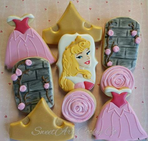 Sleeping Beauty Princess cookies by SweetArt Cookie Co Princess Dress Cookies, Princess Aurora Party, Aurora Party, Sleeping Beauty Birthday Party, Beauty Party Ideas, Sleeping Beauty Cake, Aurora Birthday, Sleeping Beauty Wedding, Sleeping Beauty Party