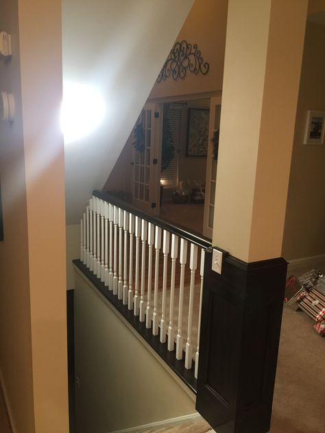 Basement stairs opened up. Tore wall down. Open Wall To Basement Stairs, Basement Staircase Ideas, Basement Stair Railing Ideas, Basement Stair Lighting, Basement Stairs Remodel, Basement Staircase, Diy Stair Railing, Basement Stairs Ideas, Stair Gallery