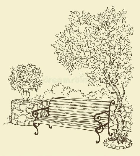 Bench Drawing, Pen Art Work, Landscape Design Drawings, Architecture Drawing Sketchbooks, Arte Grunge, Seni Dan Kraf, Garden Drawing, Landscape Sketch, Architecture Drawing Art