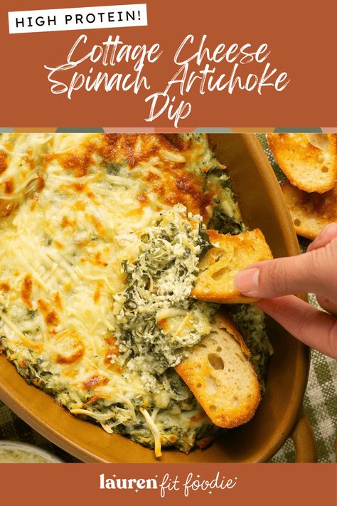 Cottage Cheese Spinach and Artichoke Dip Cottage Cheese Spinach, Cottage Cheese Dip Recipes, Healthy Spinach Artichoke Dip, Protein Cottage Cheese, Cottage Cheese Dips, Spinach Artichoke Dip Recipe, Spinach And Artichoke Dip, Artichoke Dip Recipe, Healthy Appetizer