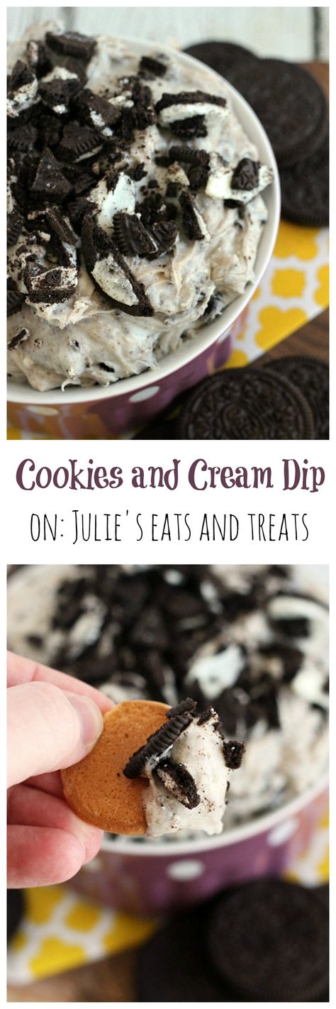 Cookies and Cream Dip ~ Quick, Easy Sweet Dip that's loaded with Oreos! Cookies And Cream Dip, Bugle Bites, Dip Night, Christmas Dips, Food Dips, Kids Desserts, Sweet Dip, Dip Party, Dessert Dip Recipes