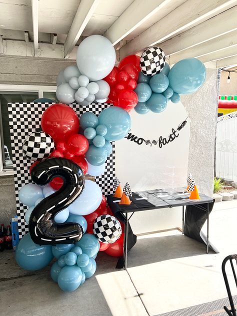 2 Fast Birthday Party Balloons, Race Car Birthday Balloon Garland, 2 Fast 2 Curious Birthday Balloon Arch, Fast One Birthday Party Balloon Arch, Car Theme Balloon Garland, 2nd Cars Birthday Party, Cars Theme Balloon Garland, Two Fast Party Backdrop, Two Fast Backdrop Ideas