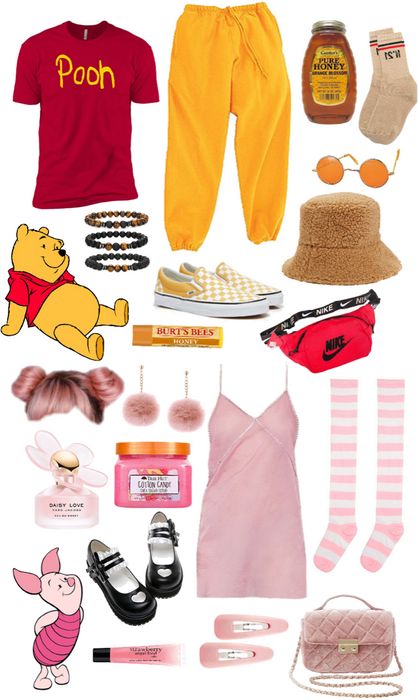 Piglet And Pooh Costume Couple, Pooh Bear Costume Women, Winnie And Piglet Costumes, Whinney Pooh Costumes, Disney Bounding Outfits Couples, Disney Bounding Couples Casual, Pooh Bear Disneybound, Piglet Halloween Costume Women, Disney Bounding Ideas Couples