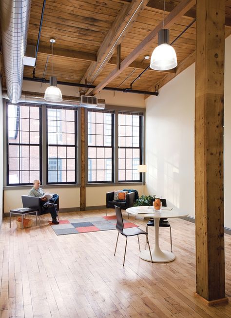 Exposed Ceiling Lighting, Dumbo Loft, Exposed Ductwork, Grey Window Frames, Exposed Wood Ceilings, Wood Pillars, Exposed Ceiling, Wood Column, Black Window Frames