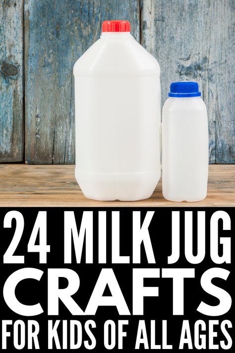 24 Milk Jug Crafts for Kids | Looking for art projects to teach your kids about recycling? These simple and fun ideas will inspire you! With ideas for boys and girls in preschool, kindergarten, and elementary school, teach your kids how to make a milk jug ball catcher, piggy bank, bird feeder, water balloon launcher, and more! Get creative with these recycled crafts at home and in the classroom – they make great Earth Day activities! #milkjugcrafts #recycledcrafts #recycledcraftsforkids Gallon Jugs Crafts, Milk Jug Projects, Milk Bottle Craft, Recycled Crafts Kids Projects, Water Balloon Launcher, Milk Carton Crafts, Milk Jug Crafts, Piggy Bank Diy, Crafts At Home