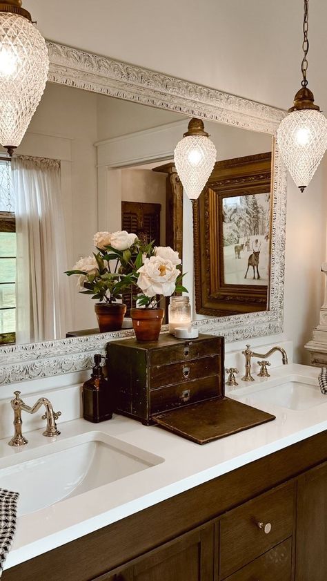 Watch a home tour of our new-build home that is decorated with a vintage aesthetic. #debanddanelle #homedecor #hometour #newbuildhome #cozyhome #neutralhome #woodsandwhites #vintageaesthetic #antiques #decorating Green Apartment, Dionne Warwick, Romantic Aesthetic, Latest Bathroom, Simple Curtains, Once A Month, Front Entrance, French Country Cottage, Bathroom Inspo