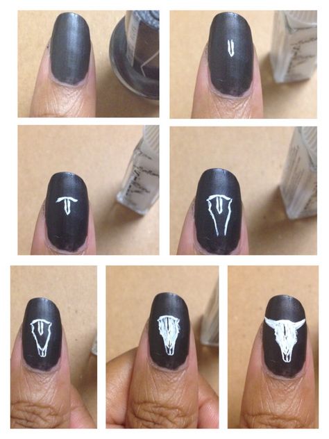 Nail tutorial cow skull  How to Bull Head Nail Art, Long Horn Nail Design, Skull Nails Art, Bull Nails Art, Cow Skull Nail Art, Bull Skull Nail Art, Western Nail Art Designs, Longhorn Nails Designs, Bull Skull Nails