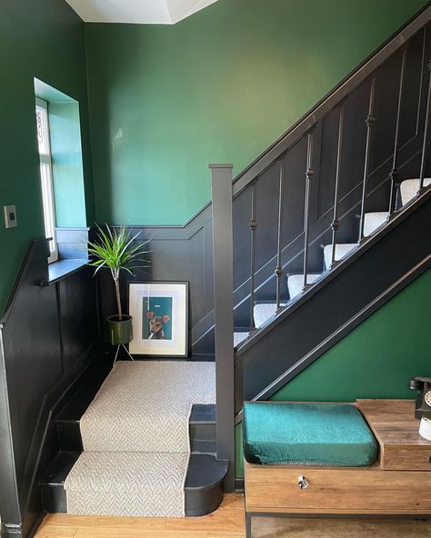 Dark Green Banister, Black Staircase Green Walls, Dark Green Stair Banister, Stairwell Color Ideas, Brunswick Green, Teal Hallway And Stairs, Green Hallway Paint, Dark Brunswick Green, Green Painted Stairs With Runner