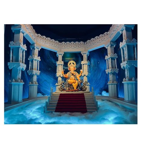 Ganesh Pandal Decoration, Ganpati 2023, Lion Emoji, Tv Lounge Design, Flower Decoration For Ganpati, Ganpati Picture, Ganesh Temple, Ganpati Decoration Theme, Ganpati Decor