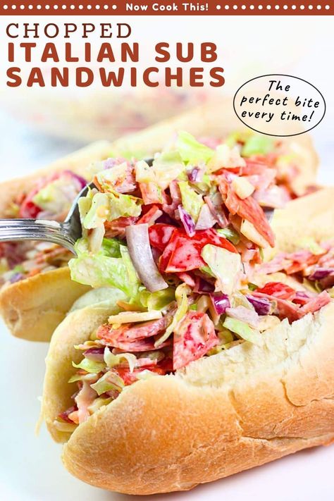 These chopped Italian sandwiches are quick and easy to prepare and are filled with bite-sized pieces of Italian meats, cheese and veggies tossed with a creamy dressing. It's the best way to make an Italian hoagie because you get the perfect bite every time. Great for lunch or as a sandwich-night supper! Get the recipe and try it! Hoagie Recipes, Chopped Italian Sub, Sandwich Night, Italian Sandwich Recipes, Hoagie Sandwiches, Italian Sandwiches, Italian Hoagie, Italian Sub, Italian Sandwich